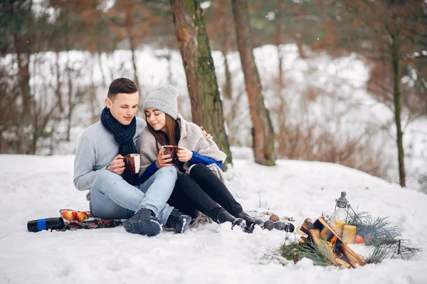 Couple mignon et aimant dans une forêt d'hiver — Photo
