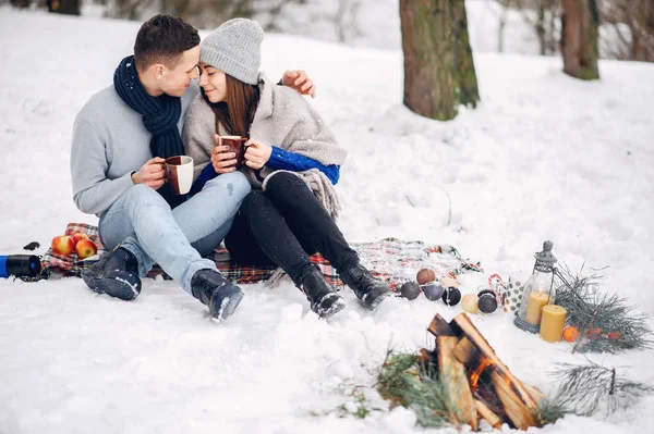 Schattig en liefdevol koppel in een winterbos — Stockfoto
