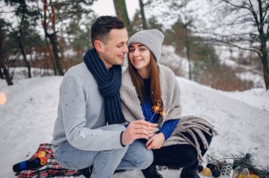 Kış ormanında sevimli ve sevgi dolu bir çift.