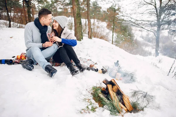 Couple mignon et aimant dans une forêt d'hiver — Photo