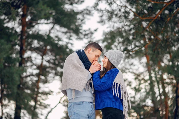 Söta och kärleksfulla par i en vinterskog — Stockfoto