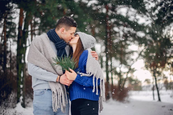 Cute and loving couple in a winter forest — 스톡 사진