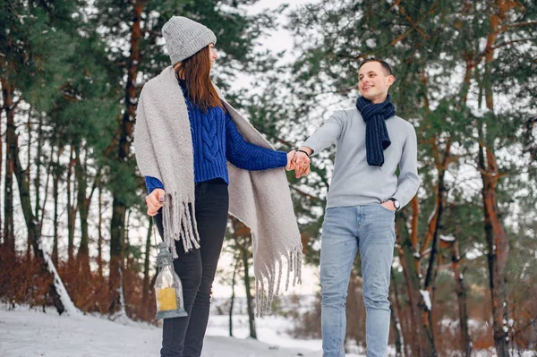 Nettes und liebevolles Paar im Winterwald — Stockfoto