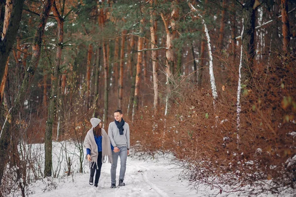 Cute and loving couple in a winter forest — Stock Photo, Image