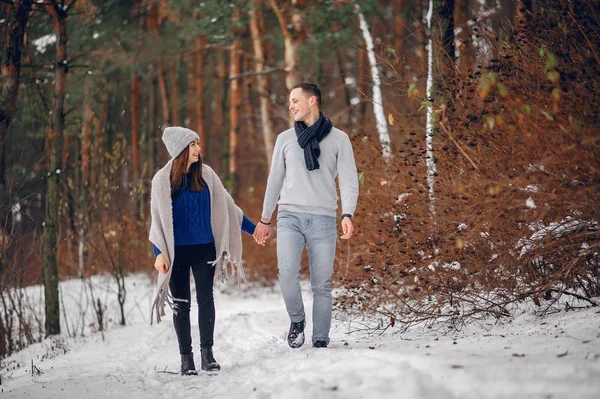 Nettes und liebevolles Paar im Winterwald — Stockfoto