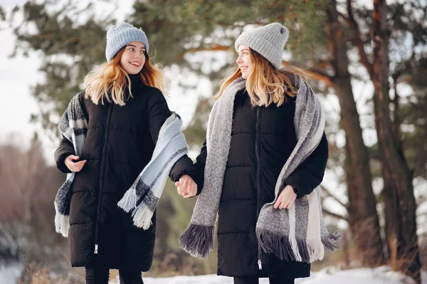 Dos chicas lindas en un parque de invierno — Foto de Stock