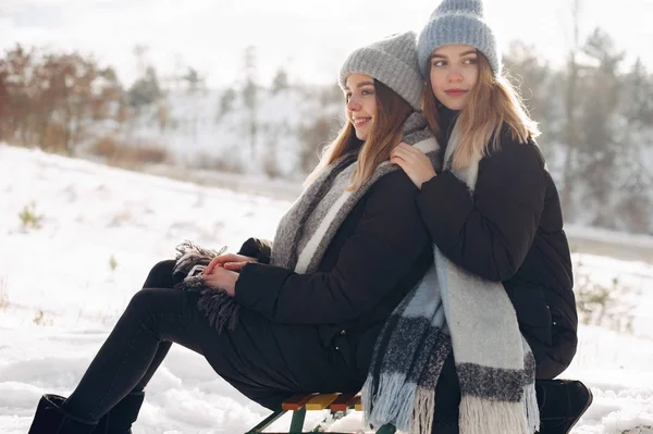 Dvě roztomilé dívky v zimním parku — Stock fotografie