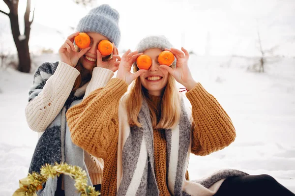 Kış parkında iki tatlı kız