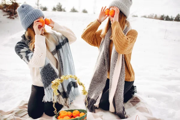 Two cute girls in a winter park — Stock Photo, Image