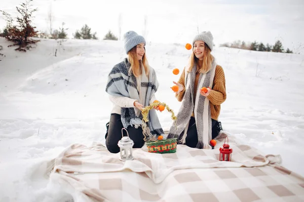 Dvě roztomilé dívky v zimním parku — Stock fotografie