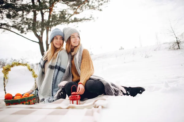 Deux jolies filles dans un parc d'hiver — Photo