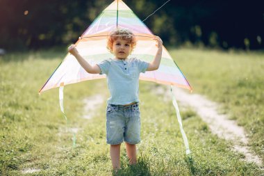 Bir yaz tarlasında elinde bir uçurtmayla sevimli bir çocuk.