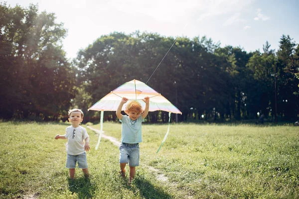 Criança pequena bonito em um campo de verão com um papagaio — Fotografia de Stock