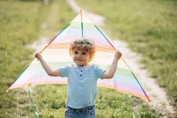 Criança pequena bonito em um campo de verão com um papagaio — Fotografia de Stock