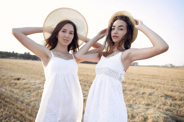 Beautiful elegant girls in a autumn wheat field — Stock Photo, Image