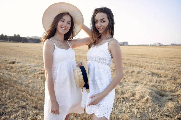 Beautiful elegant girls in a autumn wheat field — 스톡 사진