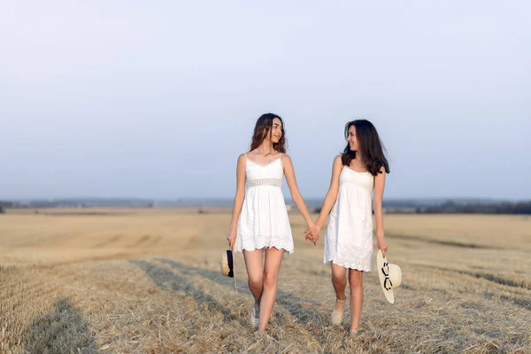 Meninas elegantes bonitas em um campo de trigo de outono — Fotografia de Stock