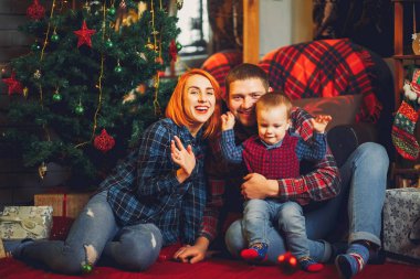 Aile Noel ağacının yanında oturuyor.