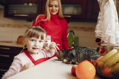 Şirin bir aile mutfakta kahvaltı hazırlar.