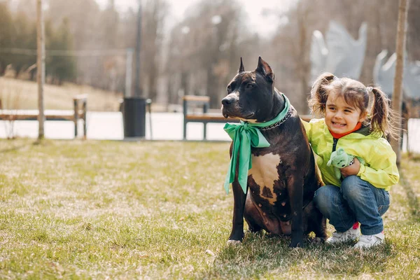 Menina bonito em um parque de primavera com um cão — Fotografia de Stock