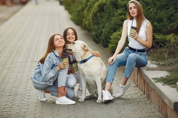 Ragazze in una città primaverile con cane carino — Foto Stock