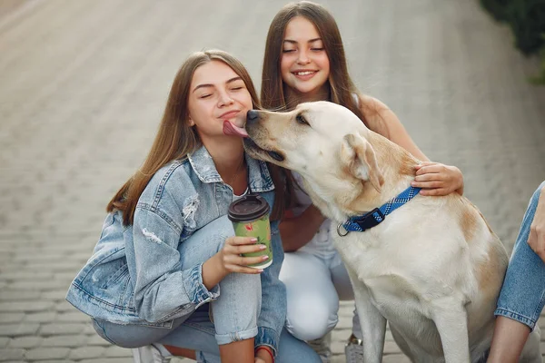 Дівчата в весняному місті з милою собакою — стокове фото
