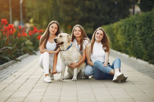 Дівчата сидять у весняній спокої з милою собакою — стокове фото