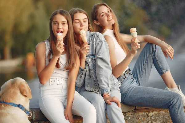 Ragazze sedute in una sity primavera con cane carino — Foto Stock