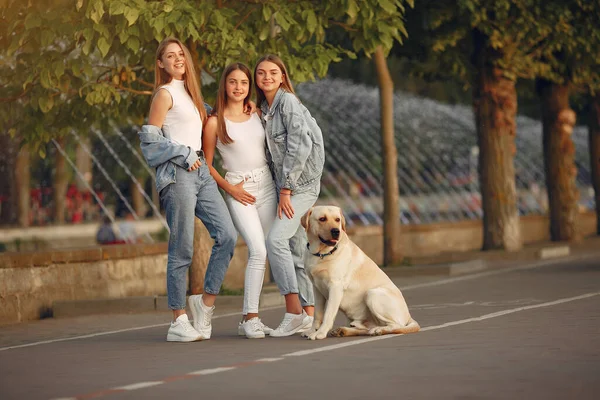 Девушки, гуляющие в весеннем кругу с милой собакой — стоковое фото