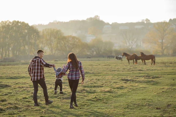 Мила сім'я гуляє в літньому парку заходу сонця — стокове фото