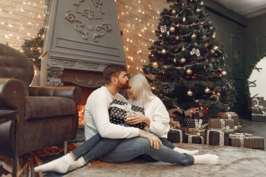 Güzel bir çift Noel ağacının yanında oturuyor.