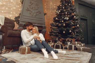 Güzel bir çift Noel ağacının yanında oturuyor.
