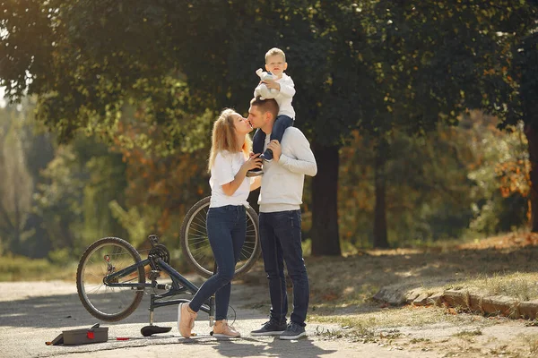 Οικογένεια με το γιο repare το ποδήλατο σε ένα πάρκο — Φωτογραφία Αρχείου
