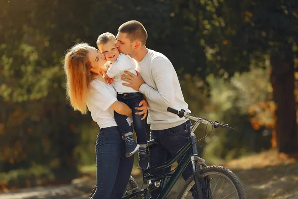 Família com uma bicicleta em um parque de verão — Fotografia de Stock