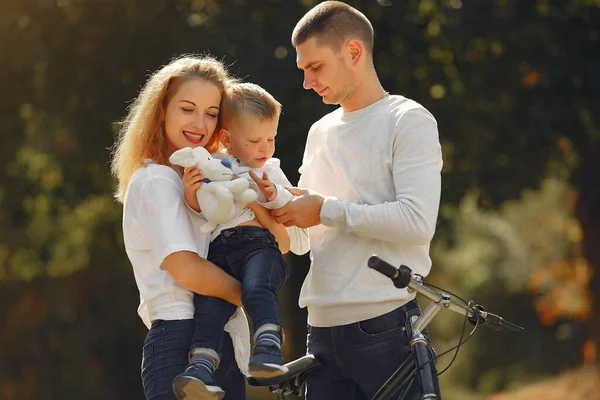 Сім'я з велосипедом в літньому парку — стокове фото