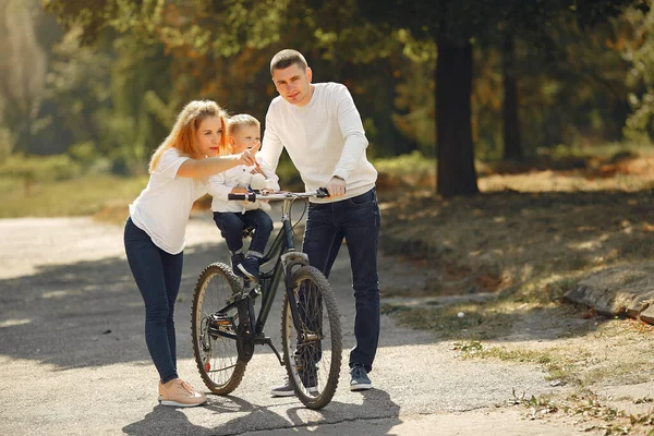 Família com uma bicicleta em um parque de verão — Fotografia de Stock