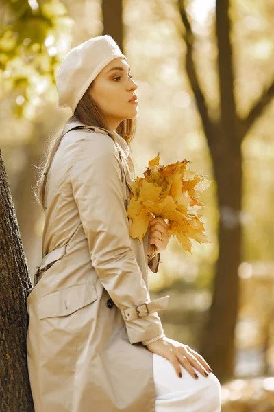 Elegantes und stilvolles Mädchen in einem Herbstpark — Stockfoto