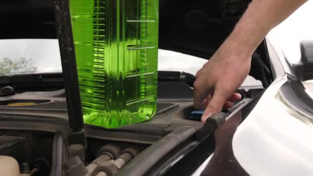 Человек наливает антифризную жидкость в машину — стоковое видео