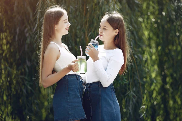 Duas meninas elegantes e elegantes em um parque primaveril — Fotografia de Stock