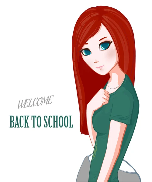 红头发的女孩。学校. — 图库矢量图片