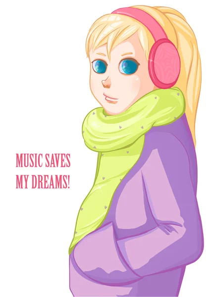 Blond girl in pink headphones. — Stockový vektor