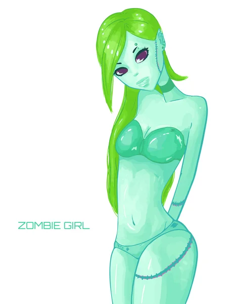 Zombie girl. Green skin. — Stock Vector