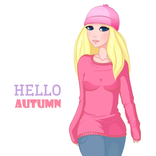 Chica rubia. Tiempo de otoño ! — Vector de stock