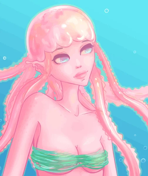 Dziewczyna Słodkie meduzy. Znak na morze Fantasy — Wektor stockowy