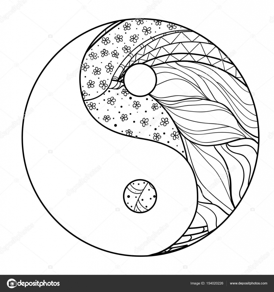 Yin e Yang Zentangle Mano mandala disegnato su sfondo di isolamento Design per relax spirituale per gli adulti Linea creazione di arte