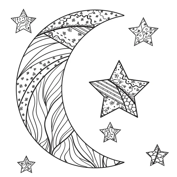 Zentangle moon and star with abstract patterns — Stock Vector