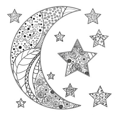 Zentangle ay ve yıldız soyut desenler ile