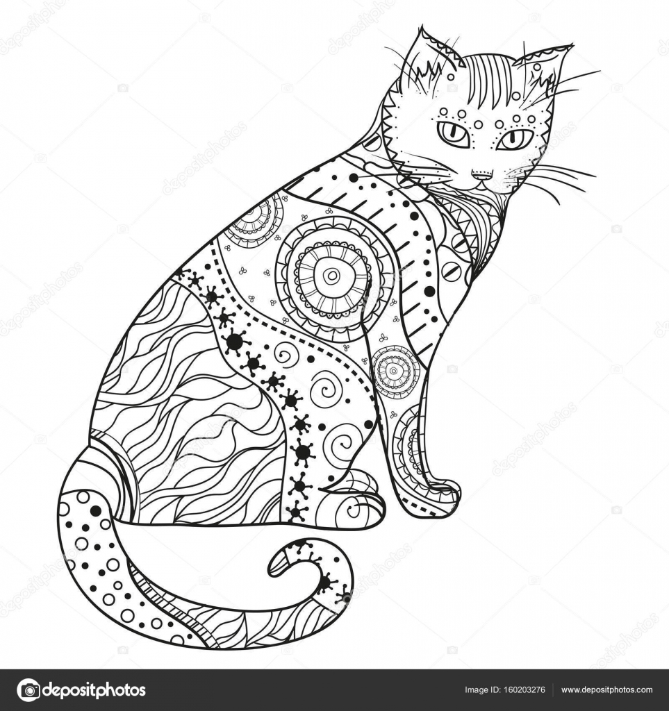 Kedi. Tasarım Zentangle. Vektörel çizim ©MikaBesfamilnaya Vektörel