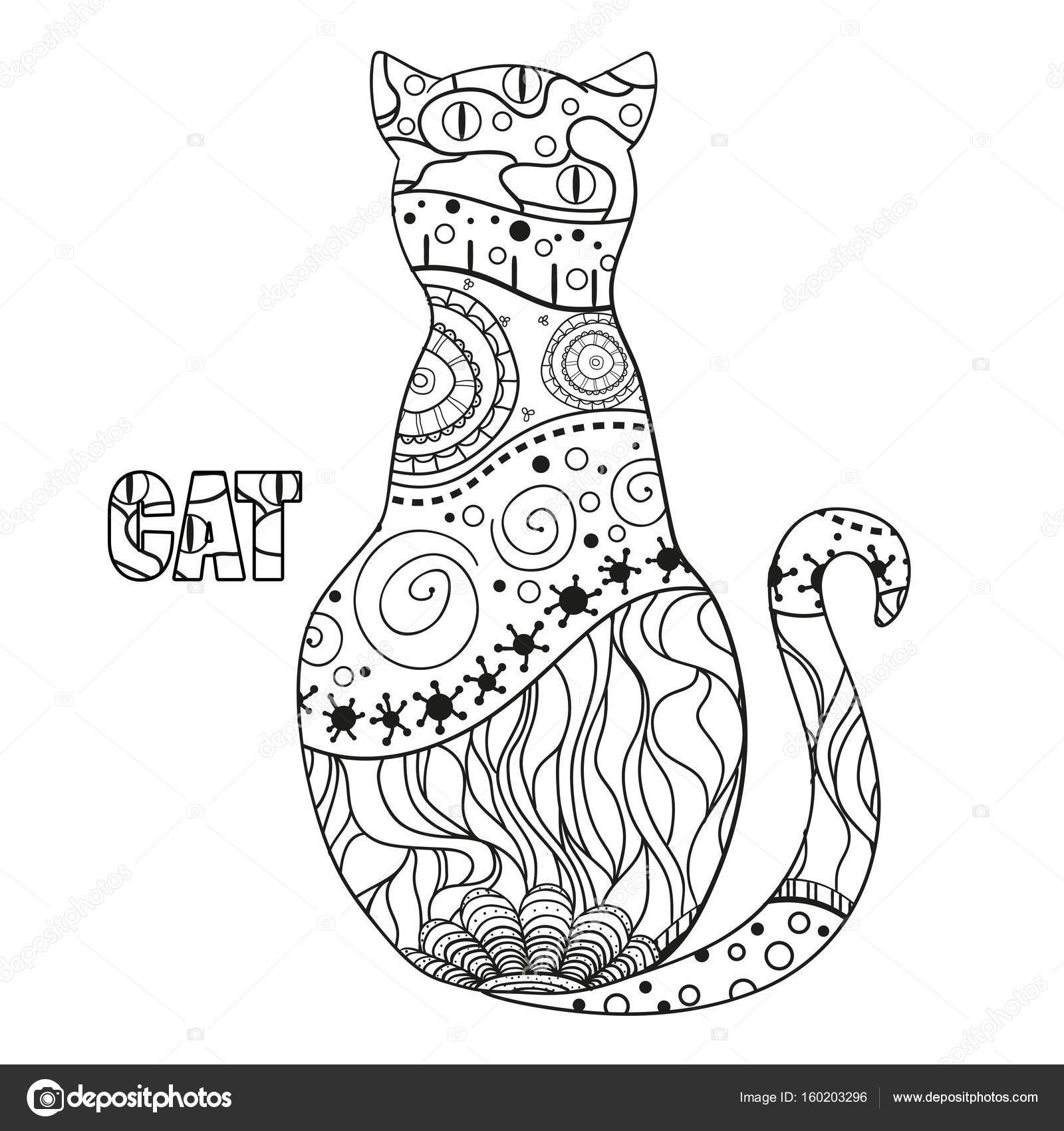 Gatto Pro tare Zentangle Disegnato a mano gatto con disegni astratti su sfondo di isolamento Design per relax spirituale per gli adulti