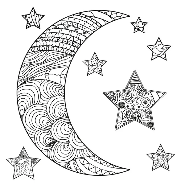 Zentangle maan en ster met abstracte patronen — Stockvector